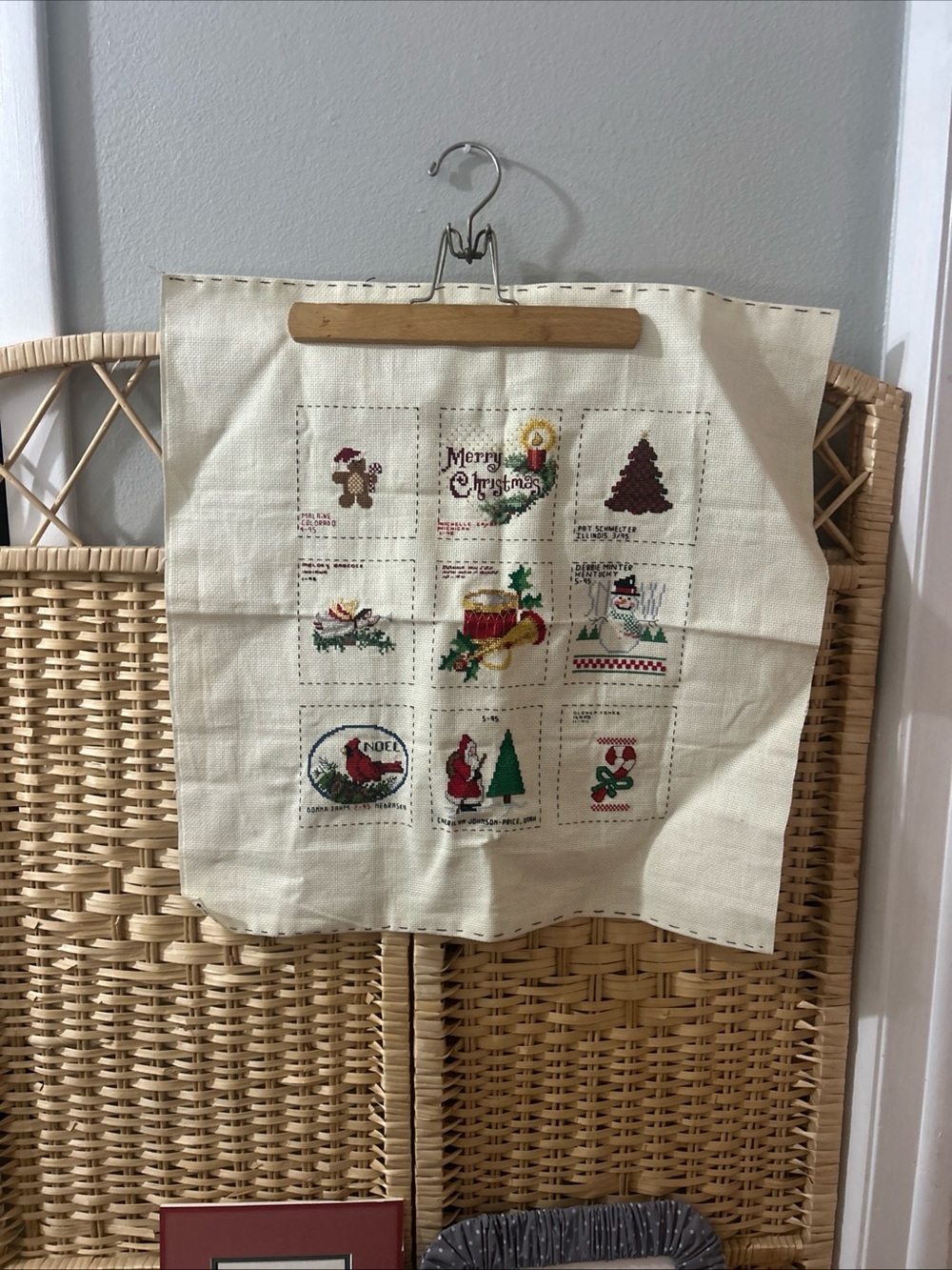 Vintage 1995 Traveling Cross Stitch Holiday Wall Hanging 21x21 Cottagecore